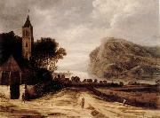 Philippe de Momper An extensiver river landscape with a church,cattle grazing and a traveller on a track oil on canvas